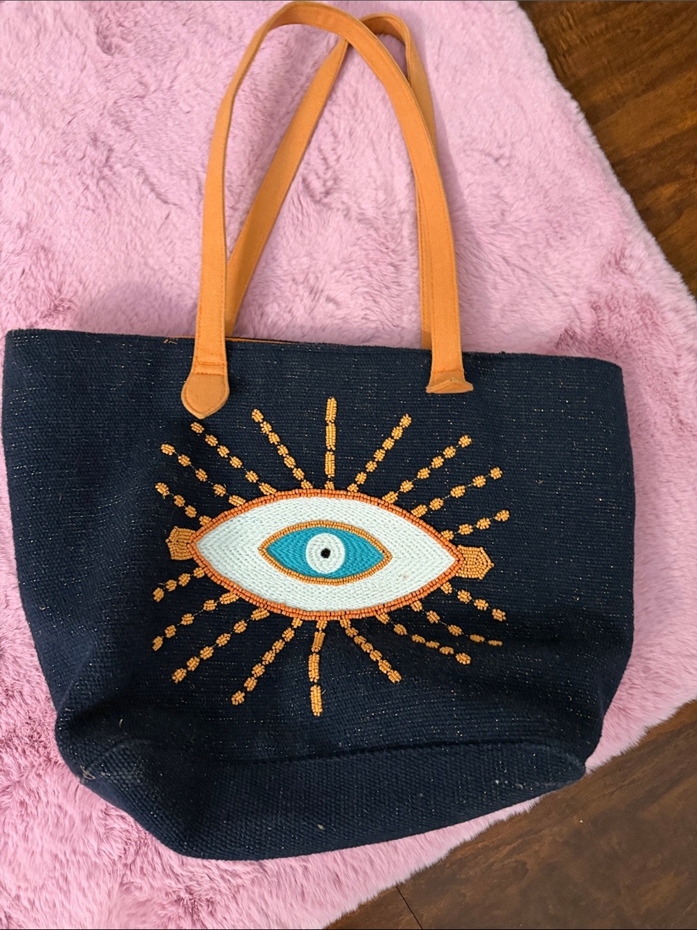 Navy Tote Bag with Embroidered Eye and Orange Straps